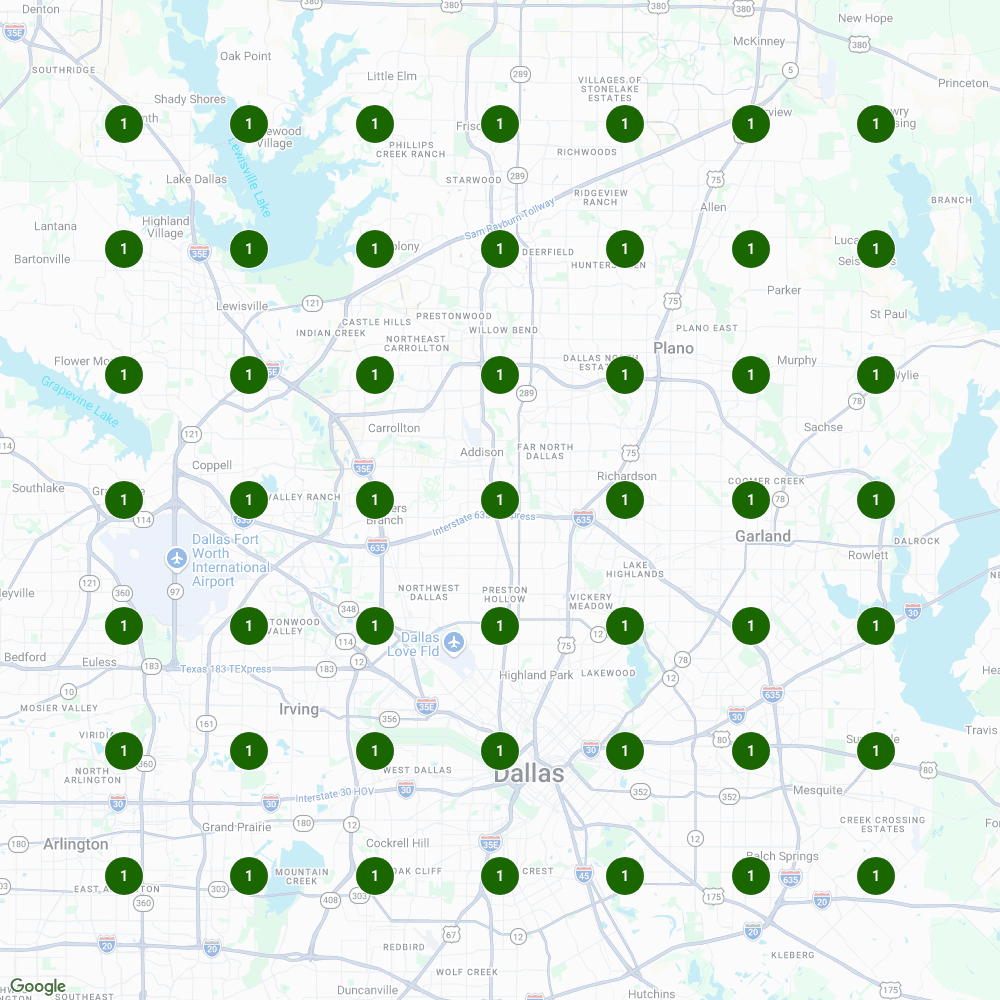 Cash House Buyers DFW Google Maps ranking grid showing number one positions across Dallas-Fort Worth for a core local SEO keyword.