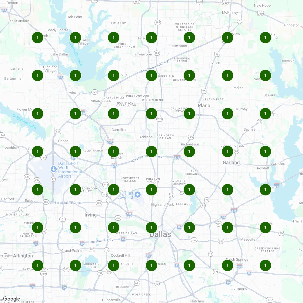 Cash House Buyers DFW Google Maps ranking grid showing number one positions across Dallas-Fort Worth for a core local SEO keyword.